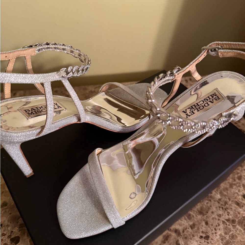 Badgley Mischka Silver Strappy Heels with Rhinestone Embellishments